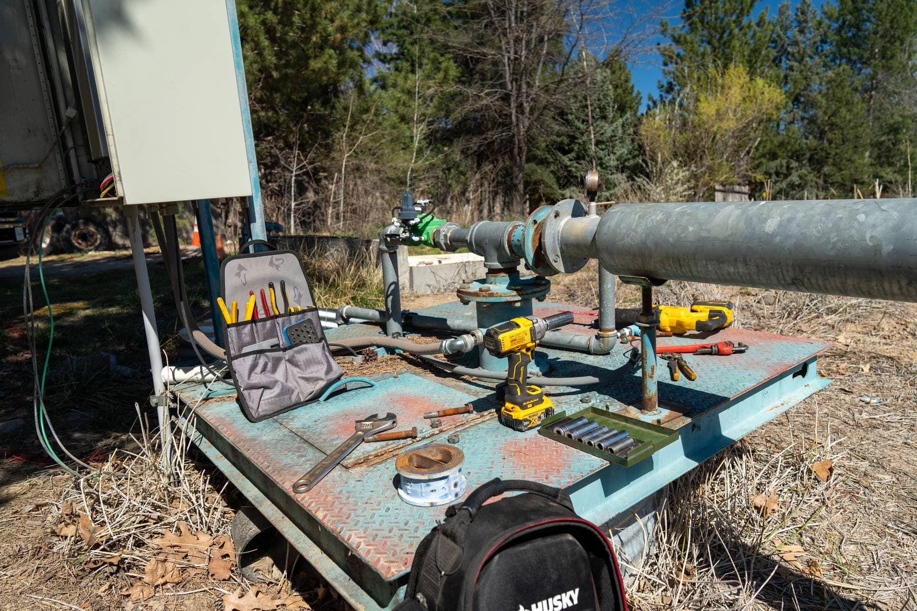 Pump service tools and equipment at a job site.